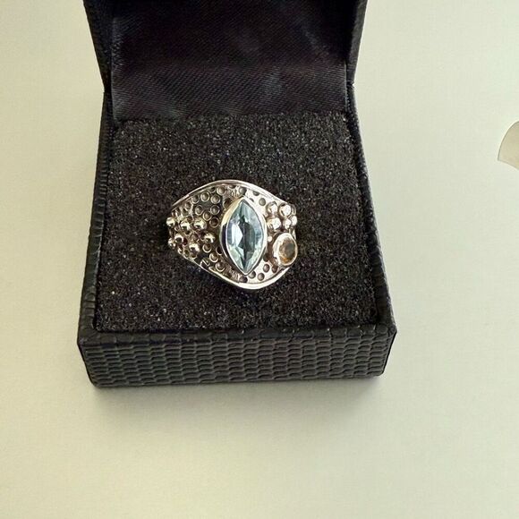 Natural Blue Topaz And Citrine Sterling Silver Ring Marquise Cut Bali Framed 7 - Picture 1 of 7